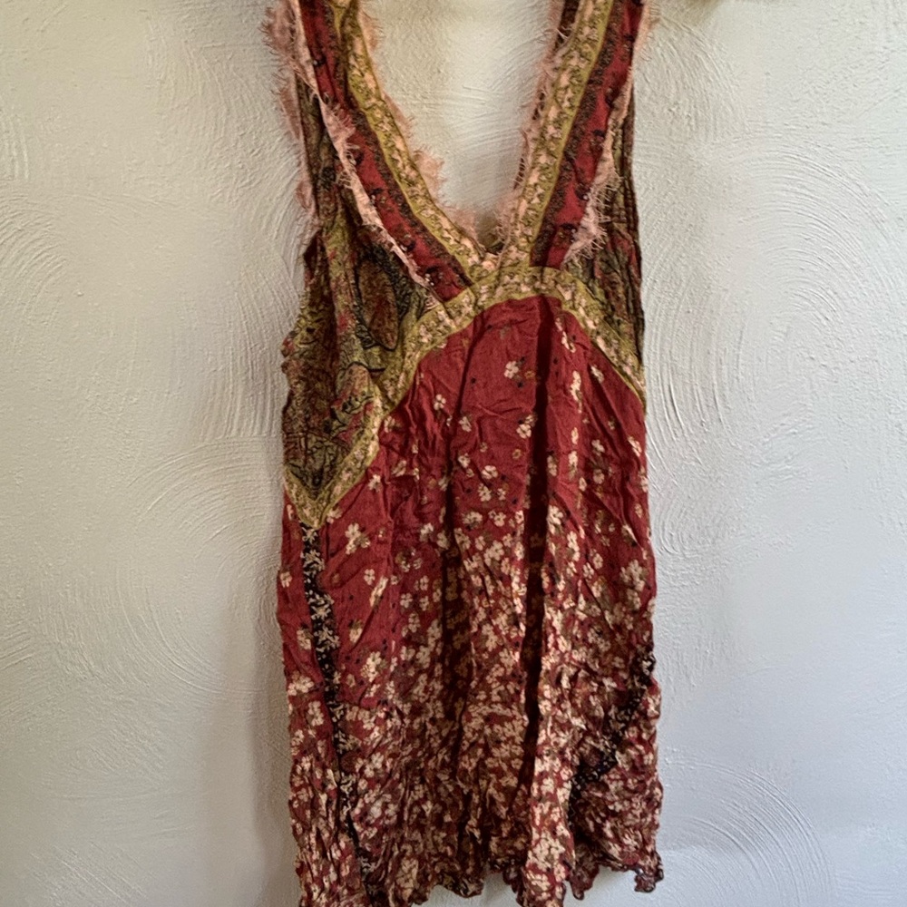 Free People Red and Green Floral V-Neck Dress